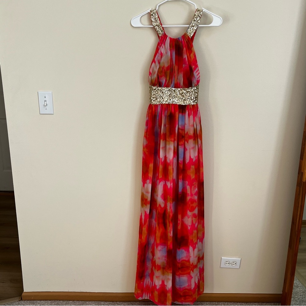 Calvin Klein women’s Prom / Wedding Guest Dress size 4 Gold Sequin Pink & Coral